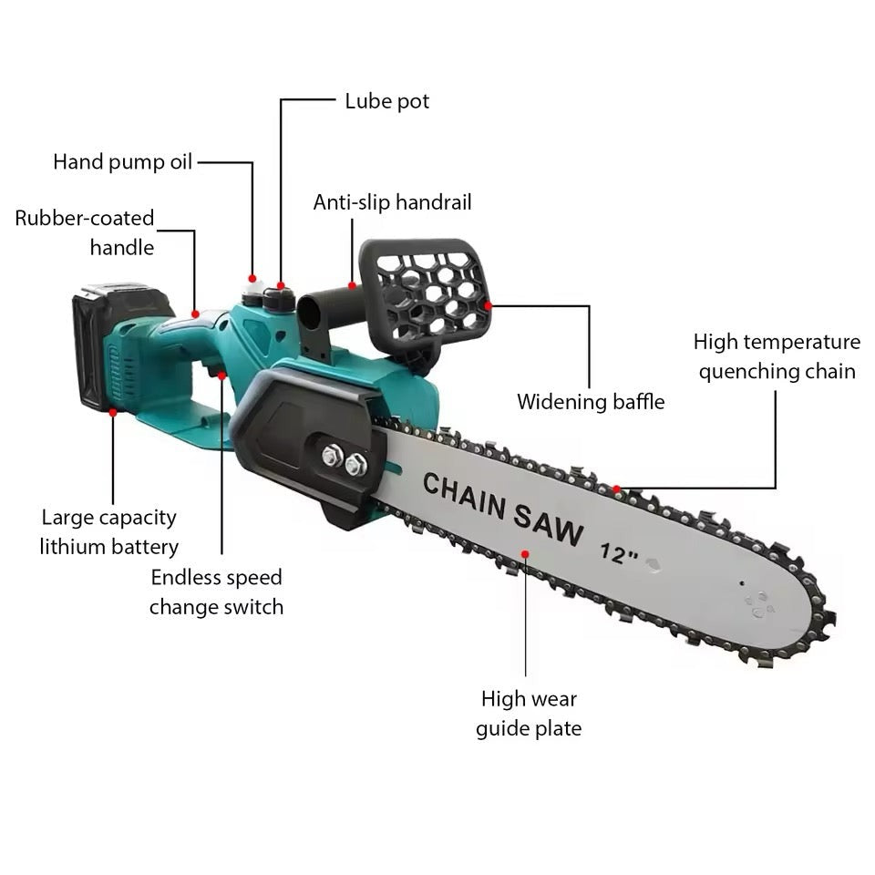 Drujba Electrică - Motofierăstrău DEMAHO®, 1200W, Lamă 12 inch, 2 Acumulatori 48V, 4200 RPM, Sistem de Ungere Automată și Pompa Manuală de Ulei