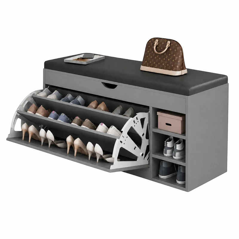 Dulap pentru pantofi tip bancheta Gri, 6 rafturi, 100x34x50 cm