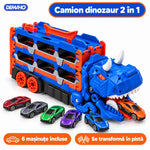 Camion Transportor Dinozaur 2 în 1, se Transformă în Pistă de Curse de 1,5 m, Lansare Dublă, Înghite Mașinuțe, Garaj pe 2 Etaje, 6 Mașinuțe Incluse, Albastru, 3+ ani