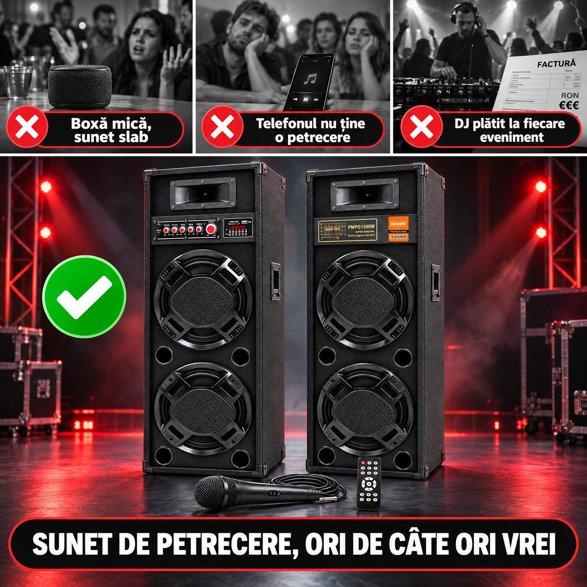 Set Boxe Active Profesionale DEMAHO 600W RMS, 95 cm, 4 Difuzoare 25 cm, Karaoke, Bluetooth, USB, Radio FM, Ecran LCD + CADOU Microfon și Telecomandă