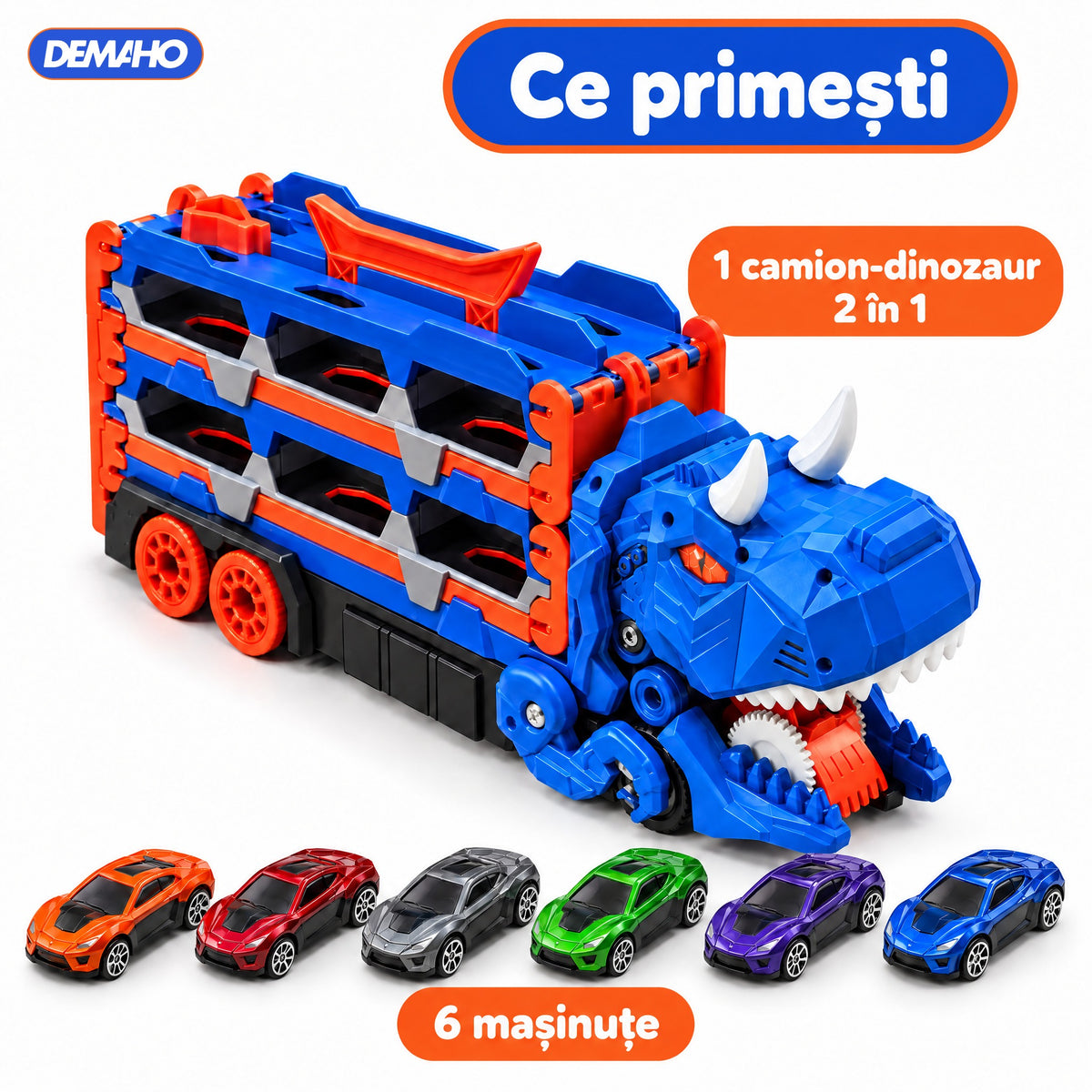 Camion Transportor Dinozaur 2 în 1, se Transformă în Pistă de Curse de 1,5 m, Lansare Dublă, Înghite Mașinuțe, Garaj pe 2 Etaje, 6 Mașinuțe Incluse, Albastru, 3+ ani