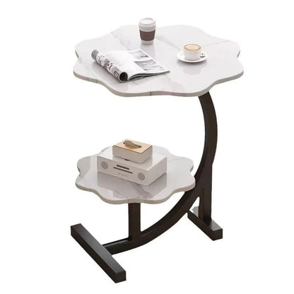 Măsuță de cafea laterală cu 2 niveluri, design floare, stil nordic minimalist, alb, 40×30×62 cm