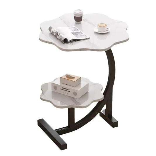Măsuță de cafea laterală cu 2 niveluri, design floare, stil nordic minimalist, alb, 40×30×62 cm