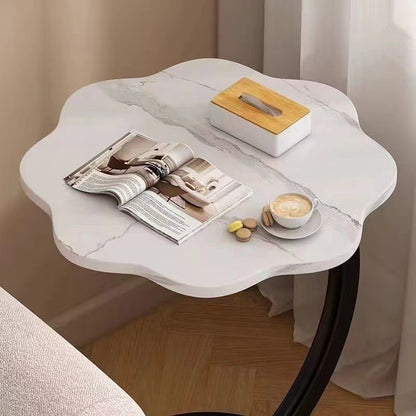 Măsuță de cafea laterală cu 2 niveluri, design floare, stil nordic minimalist, alb, 40×30×62 cm