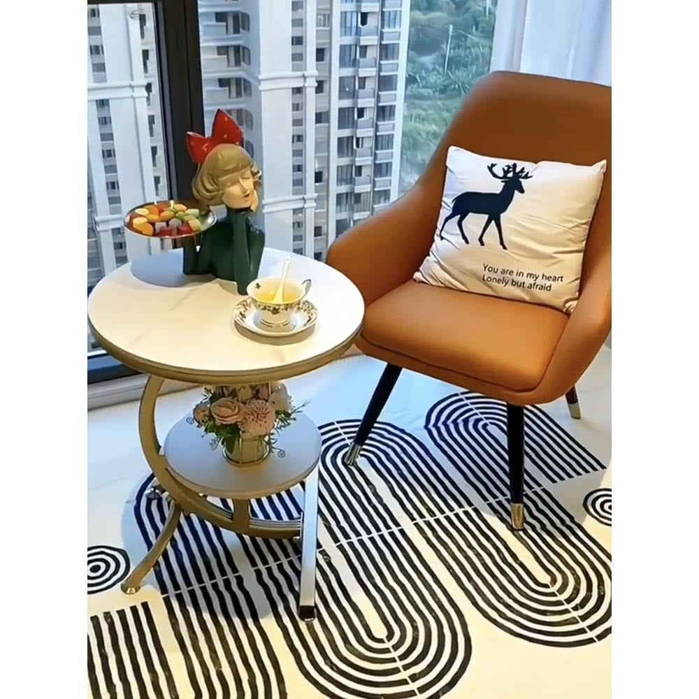 Măsuță de cafea laterală rotundă, cu 2 niveluri, design modern minimalist, 45×60 cm, Alb marmorat