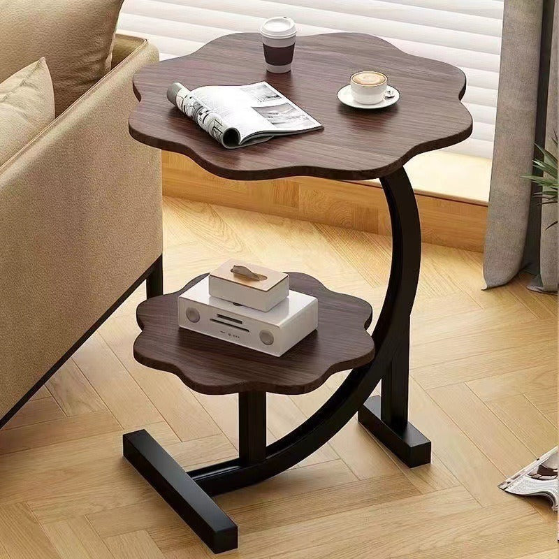 Măsuță de cafea laterală cu 2 nivele, blat tip floare, design nordic minimalist, Ø40 × H62 cm, maro