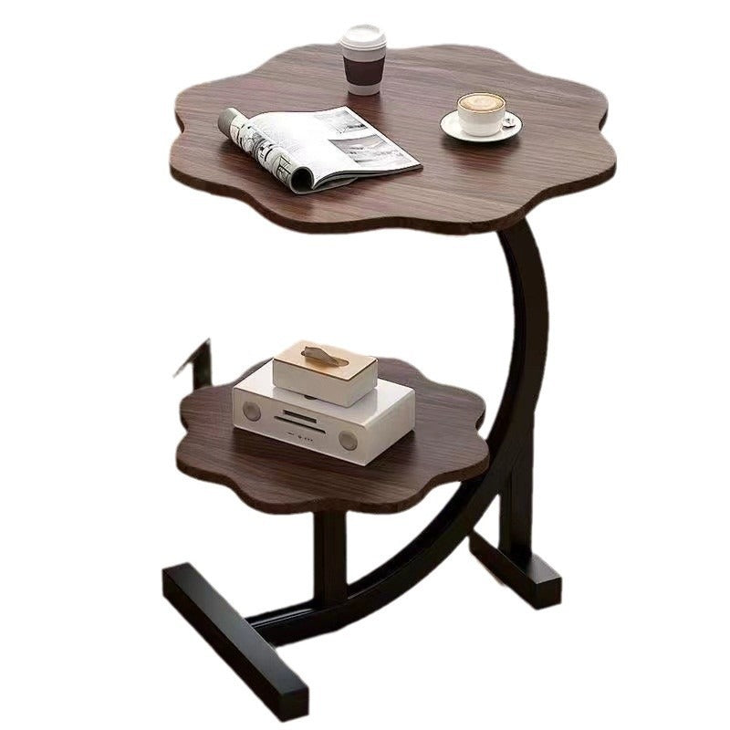 Măsuță de cafea laterală cu 2 nivele, blat tip floare, design nordic minimalist, Ø40 × H62 cm, maro
