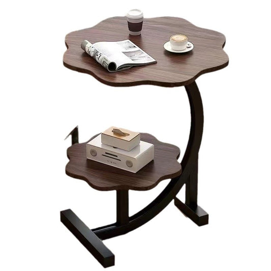 Măsuță de cafea laterală cu 2 nivele, blat tip floare, design nordic minimalist, Ø40 × H62 cm, maro