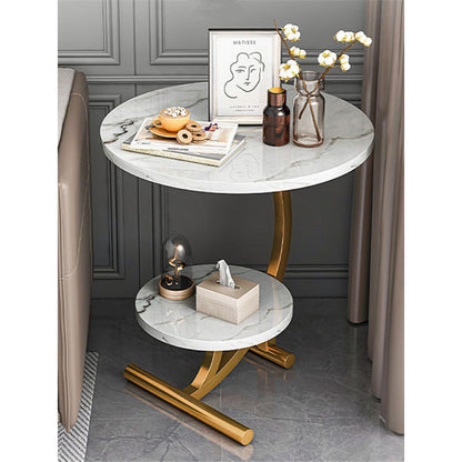 Măsuță de cafea laterală rotundă, cu 2 niveluri, design modern minimalist, 45×60 cm, Alb marmorat