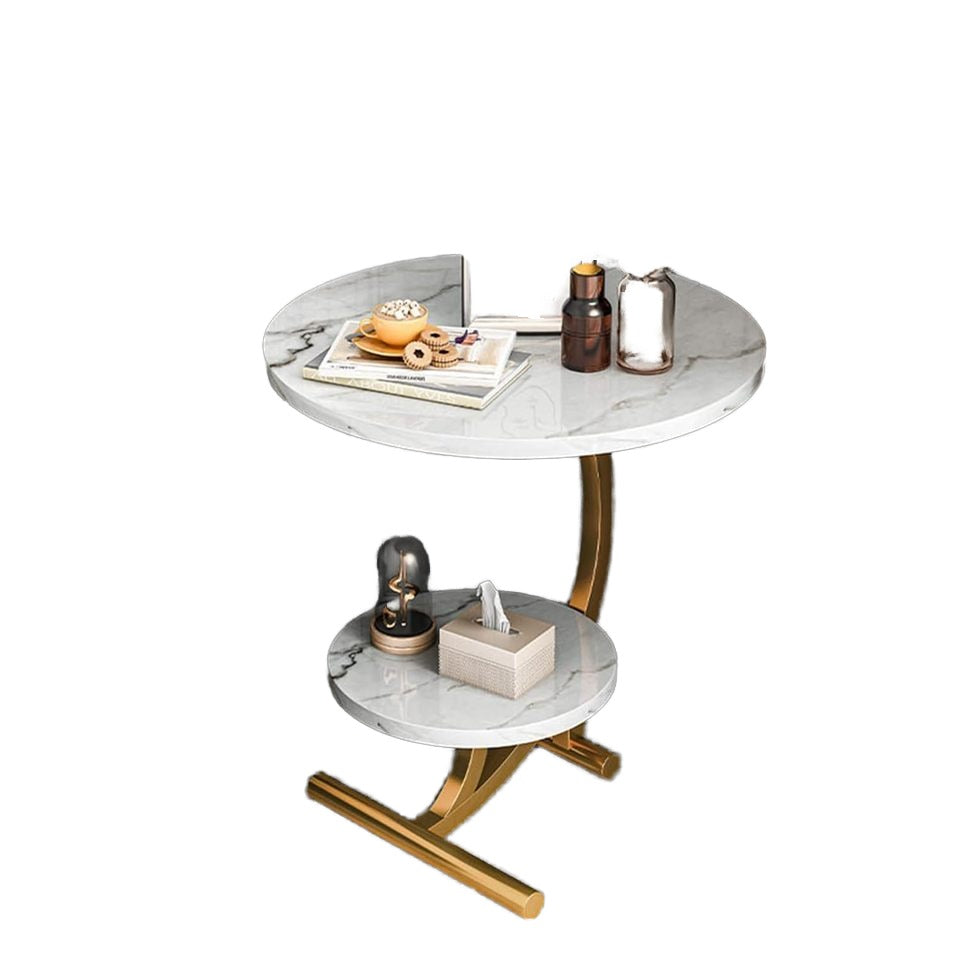Măsuță de cafea laterală rotundă, cu 2 niveluri, design modern minimalist, 45×60 cm, Alb marmorat