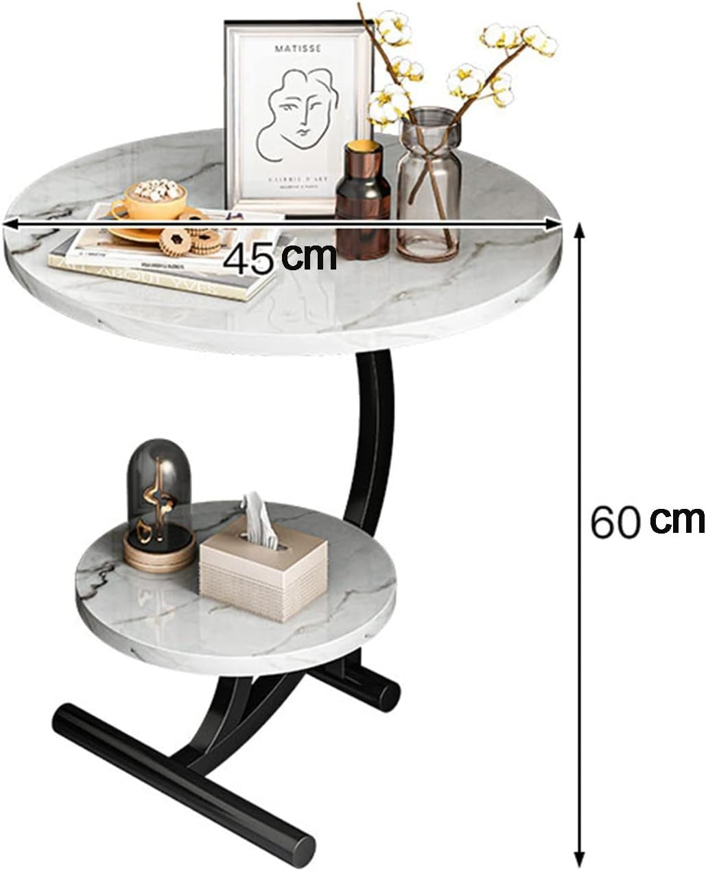 Măsuță de cafea laterală rotundă, cu 2 niveluri, design modern minimalist, 45×60 cm, Alb marmorat