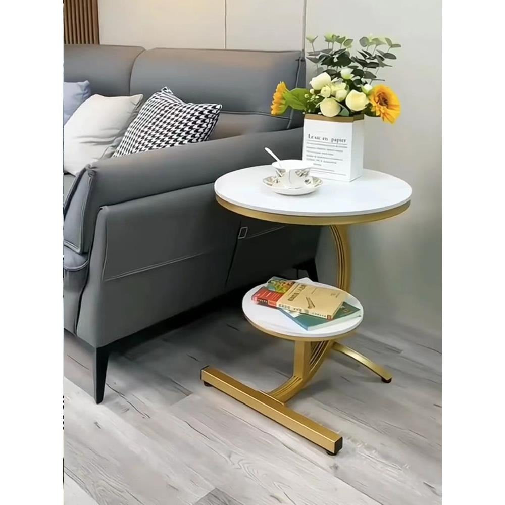 Măsuță de cafea laterală rotundă, cu 2 niveluri, design modern minimalist, 45×60 cm, Alb marmorat
