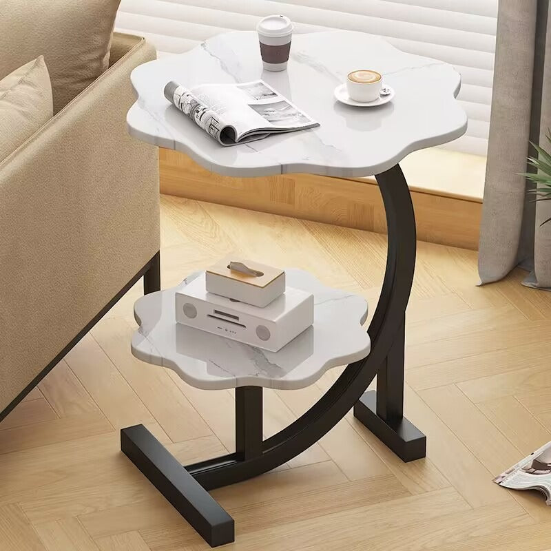 Măsuță de cafea laterală cu 2 niveluri, design floare, stil nordic minimalist, alb, 40×30×62 cm
