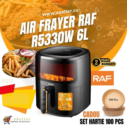 Air Fryer RAF-5330W - friteuza cu aer cald, fara ulei cu Display DIGITAL, capacitate 6L, 1500W, NEGRU + CADOU 1x SET HARTIE 100 PCS - eSeller.ro - Inovăm pentru confortul tău