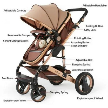 Carucior copii cu suspensii 2 in 1 transformabil landou-sport cu maner protectie din piele, cos pentru accesorii