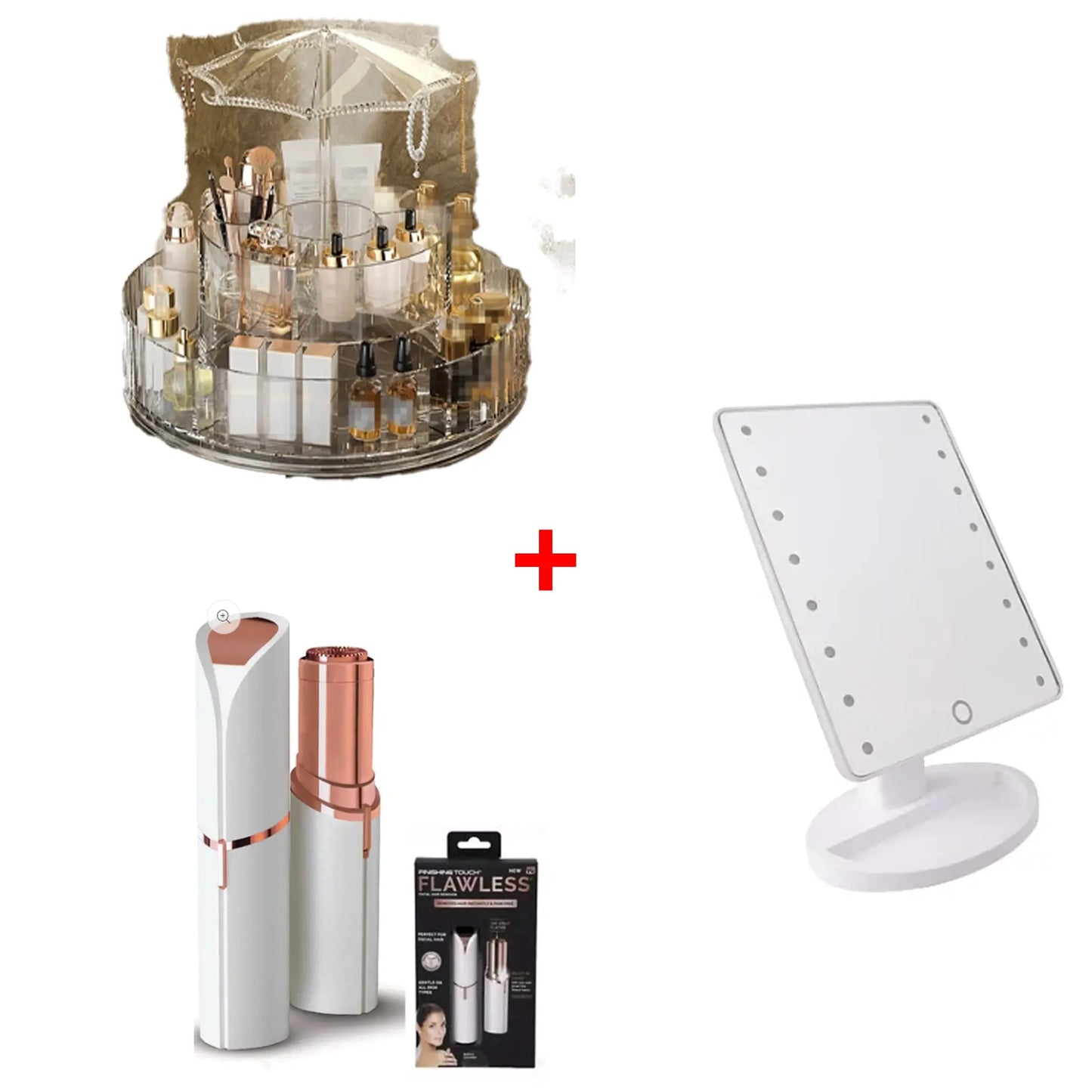 Oferta Promotionala: Setul de Frumusețe cu Organizatorul de Cosmetice Rotativ 360 si Trimmer, Epilator Facial, Alături de Oglindă cu 16 LED-uri
