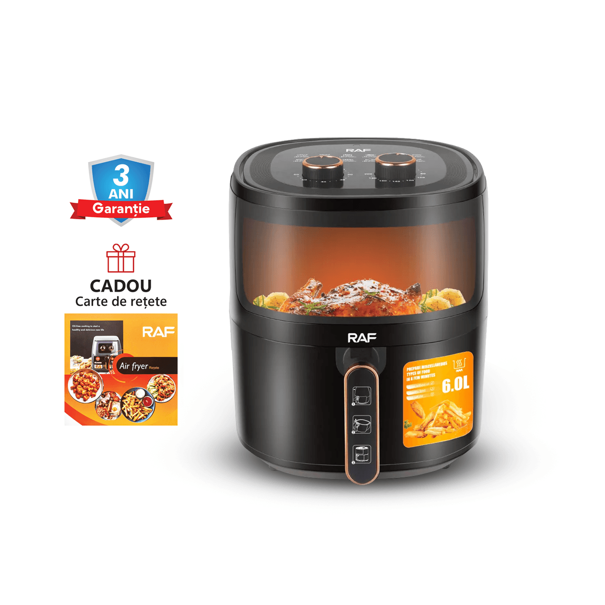 Air Fryer RAF-5324B - friteuza cu aer cald, fara ulei, capacitate 6L, 1500W, negru + CADOU CARTE DE RETETE - eSeller.ro - Inovăm pentru confortul tău