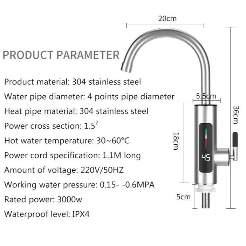 Robinet electric instant din inox, cu display si rotire 360 grade, 3000W - eSeller.ro - Inovăm pentru confortul tău