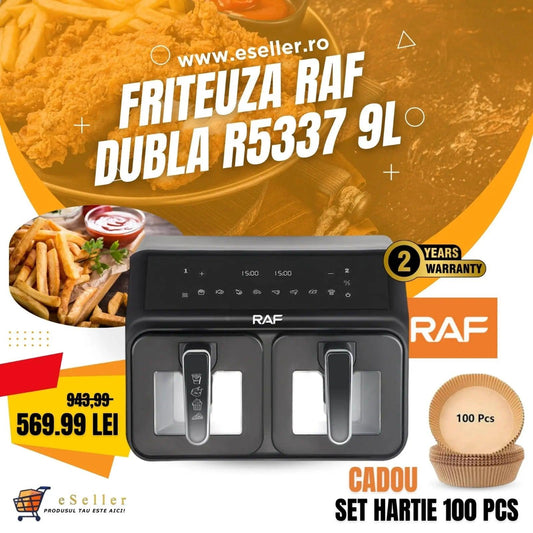 Friteuza Digitala RAF® Air Fryer Dual: Capacitate 9L, cu Aer Cald, 2 Coșuri cu Geam, 9L, 2200W, 9 Programe, Touch Screen - eSeller.ro - Inovăm pentru confortul tău