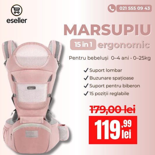 Marsupiu ergonomic, multifunctional pentru bebelusi, 15in1, greutate maxima 25 kg, Roz / Albastru