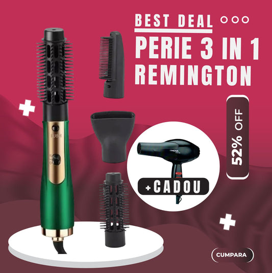 Perie de păr cu aer cald Remington 3 în 1, RE-2061, 3000W, uscător și stilizator + cadou Uscător de păr Nova N-6130, 1800W, Negru