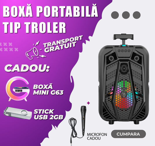 Boxă Portabilă Tip Troler, 100W PMPO ZQS-8133 cu Microfon, Bluetooth, FM, USB, SD, AUX, Negru + Cadou Stație de Încărcare G63, Stick 2 GB și Microfon