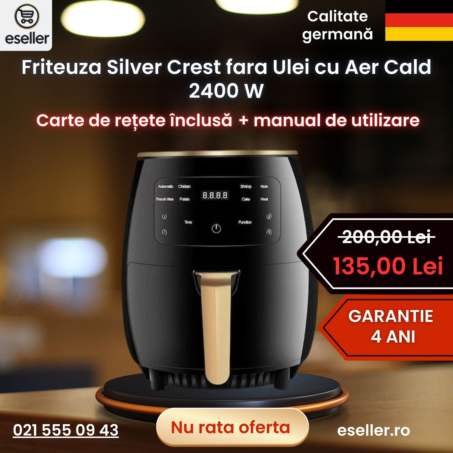 Friteuza Silver Crest fara Ulei cu Aer Cald, 2400 W, Temperatura Reglabila, Setare Timp, Functie de Coacere, Afisaj LCD, 6L, Negru