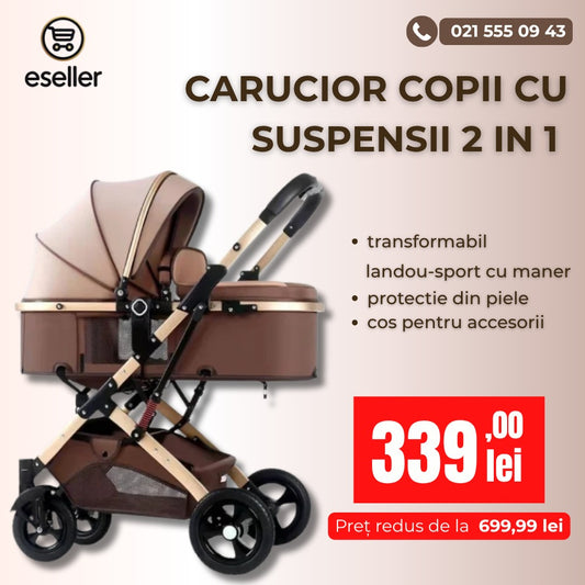 Carucior copii cu suspensii 2 in 1 transformabil landou-sport cu maner protectie din piele, cos pentru accesorii
