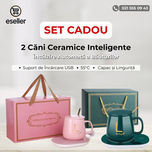 Set Cadou 2 Căni Ceramice Inteligente pentru Încălzire Automată a Băuturilor - Verde Regal + Roz, 400 ml, pentru Cafea, Lapte, Ceai, cu Suport de Încărcare USB, 55°C, Capac și Linguriță"