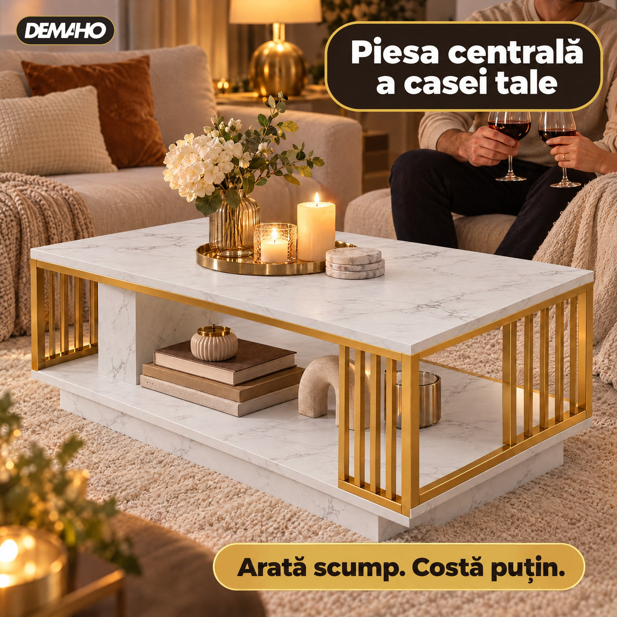Măsuță de Cafea cu Aspect de Marmură Albă și Cadru Auriu, Raft Deschis de Depozitare, 120 × 60 × 42 cm, Design Modern de