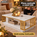 Măsuță de Cafea cu Aspect de Marmură Albă și Cadru Auriu, Raft Deschis de Depozitare, 120 × 60 × 42 cm, Design Modern de