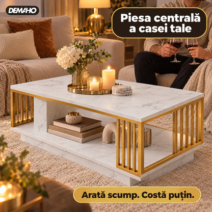 Măsuță de Cafea cu Aspect de Marmură Albă și Cadru Auriu, Raft Deschis de Depozitare, 120 × 60 × 42 cm, Design Modern de