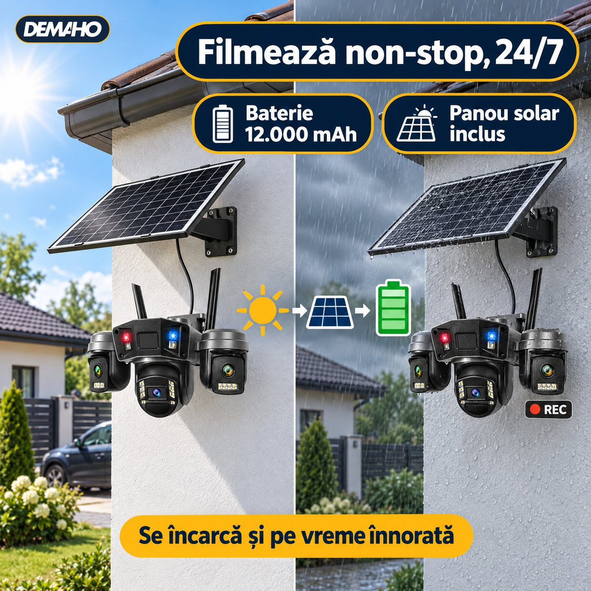 Cameră de Supraveghere Solară 4G cu 3 Obiective, Panou Solar Inclus, Baterie 12.000 mAh, Înregistrare Non-Stop 24/7, Rotire PTZ, Detecție Persoane, Audio Bidirecțional, Vedere Nocturnă, Negru