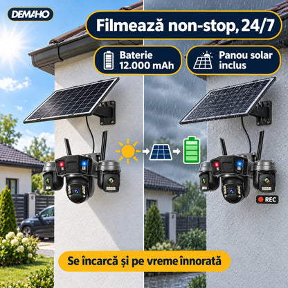 Cameră de Supraveghere Solară 4G cu 3 Obiective, Panou Solar Inclus, Baterie 12.000 mAh, Înregistrare Non-Stop 24/7, Rotire PTZ, Detecție Persoane, Audio Bidirecțional, Vedere Nocturnă, Negru