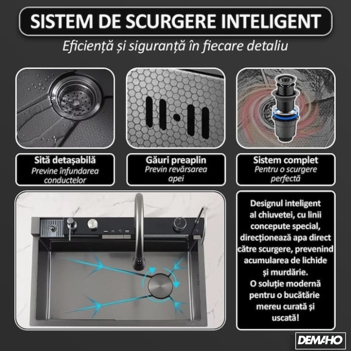 Chiuveta multifunctionala cu 2 cascade cu accesorii incluse, afisaj digital a temperaturii si robinet cascada, culoare negru grafit, dimensiune 750x460mm