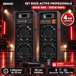Set Boxe Active Profesionale DEMAHO 600W RMS, 95 cm, 4 Difuzoare 25 cm, Karaoke, Bluetooth, USB, Radio FM, Ecran LCD + CADOU Microfon și Telecomandă