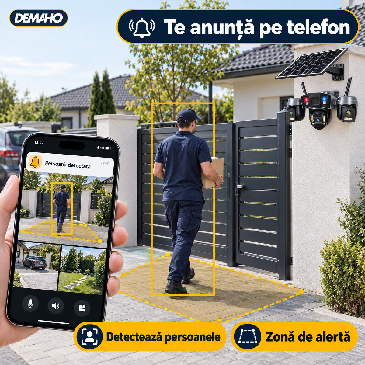 Cameră de Supraveghere Solară 4G cu 3 Obiective, Panou Solar Inclus, Baterie 12.000 mAh, Înregistrare Non-Stop 24/7, Rotire PTZ, Detecție Persoane, Audio Bidirecțional, Vedere Nocturnă, Negru