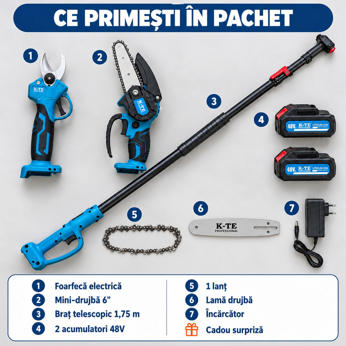 Set profesional mini-drujbă și foarfecă electrică cu braț telescopic
