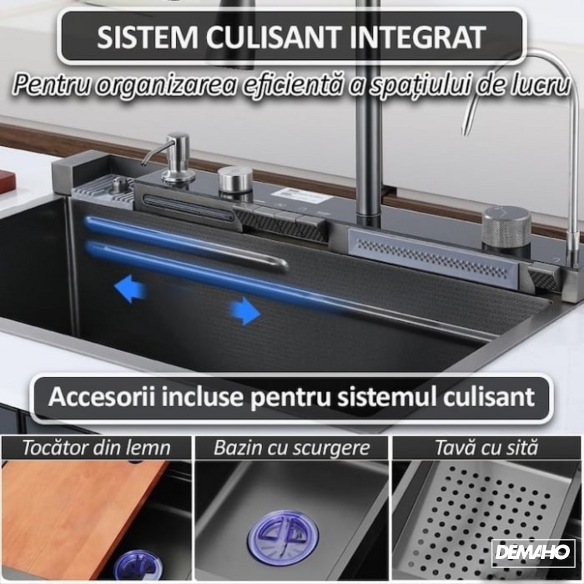 Chiuveta multifunctionala cu 2 cascade cu accesorii incluse, afisaj digital a temperaturii si robinet cascada, culoare negru grafit, dimensiune 750x460mm