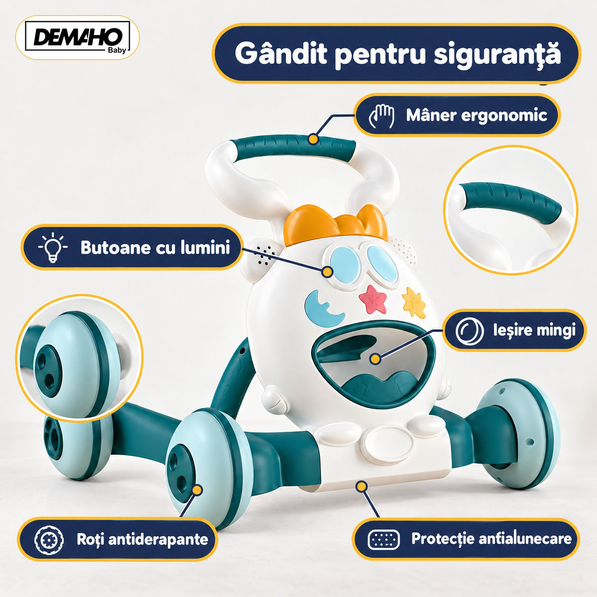 Premergător de Activități 3 în 1 DEMAHO, Lumini și Muzică, Mingi Colorate, Jucării Detașabile, Roți Antiderapante, Pliabil, 6-36 Luni