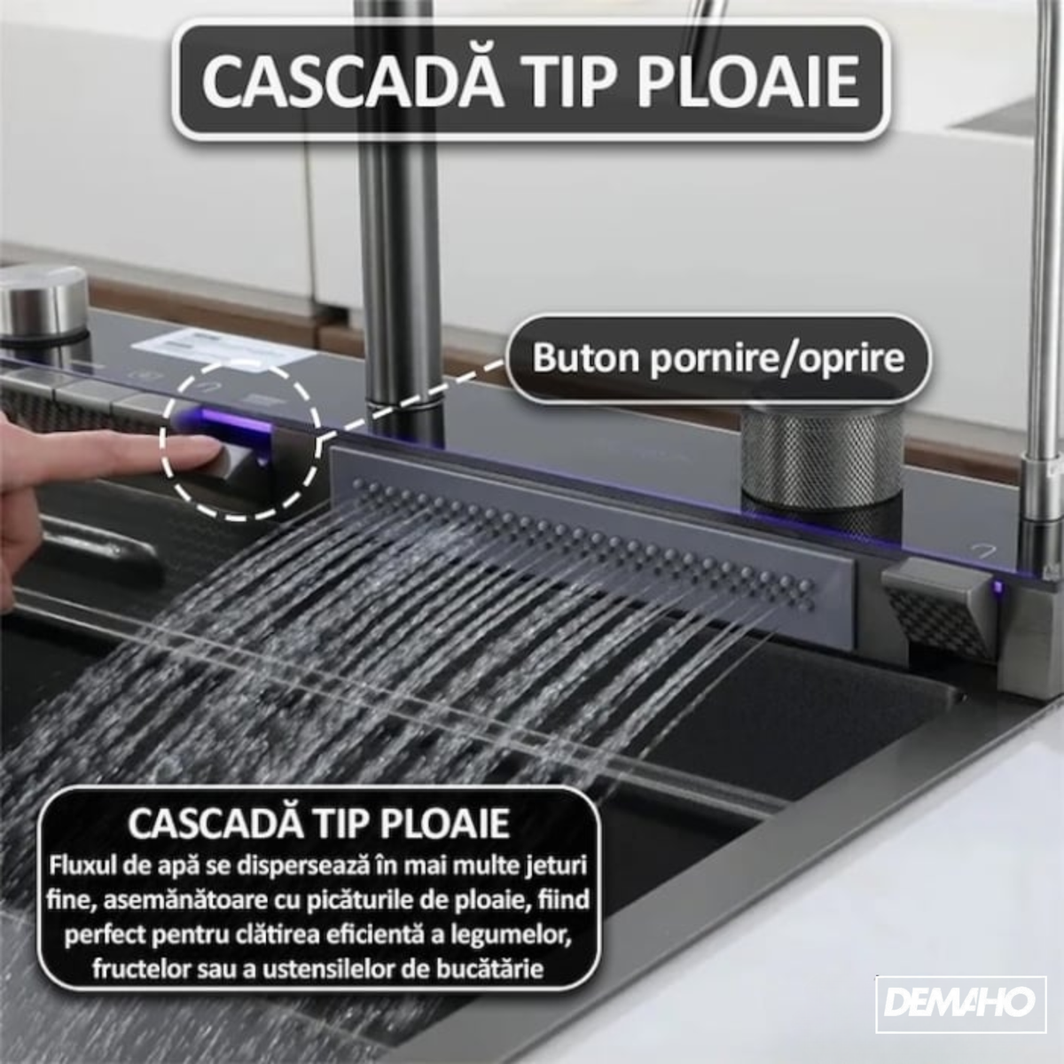 Chiuveta multifunctionala cu 2 cascade cu accesorii incluse, afisaj digital a temperaturii si robinet cascada, culoare negru grafit, dimensiune 750x460mm