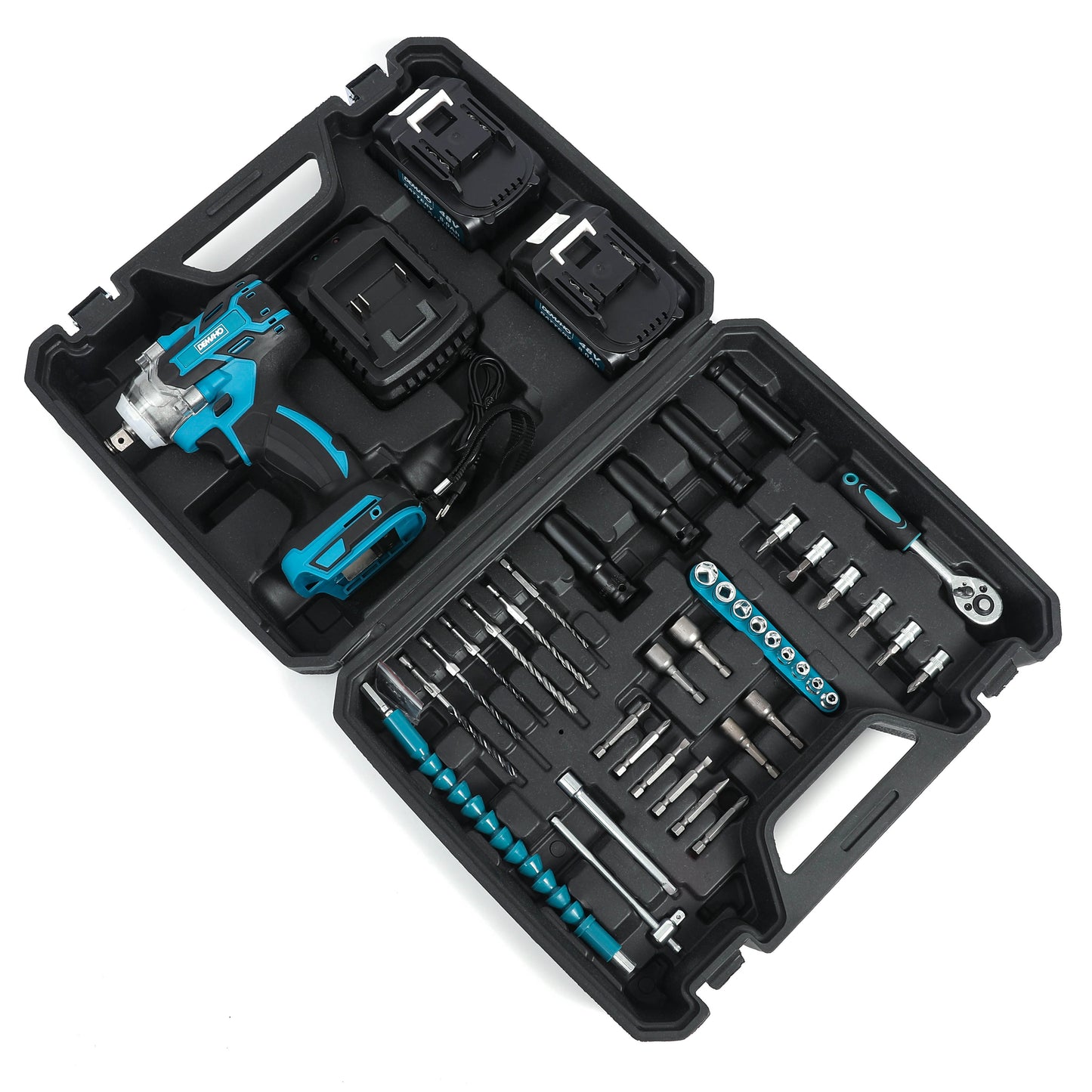 Trusa cheie de impact si insurubat DEMAHO 380Nm | 43 Accesorii Incluse | 2 Acumulatori 48V Li-Ion | Valiza
