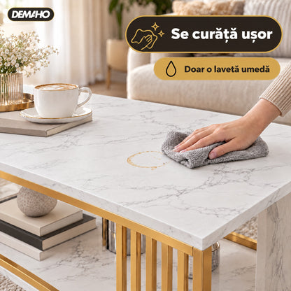 Măsuță de Cafea cu Aspect de Marmură Albă și Cadru Auriu, Raft Deschis de Depozitare, 120 × 60 × 42 cm, Design Modern de