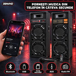 Set Boxe Active Profesionale DEMAHO 600W RMS, 95 cm, 4 Difuzoare 25 cm, Karaoke, Bluetooth, USB, Radio FM, Ecran LCD + CADOU Microfon și Telecomandă