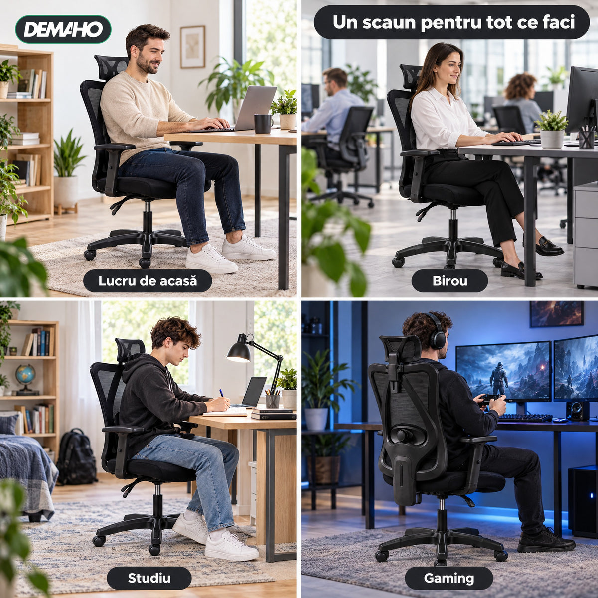 Scaun Ergonomic de Birou DEMAHO, Spătar Mesh Respirant, Suport Lombar Reglabil, Tetieră și Cotiere Reglabile, Rotativ, Negru