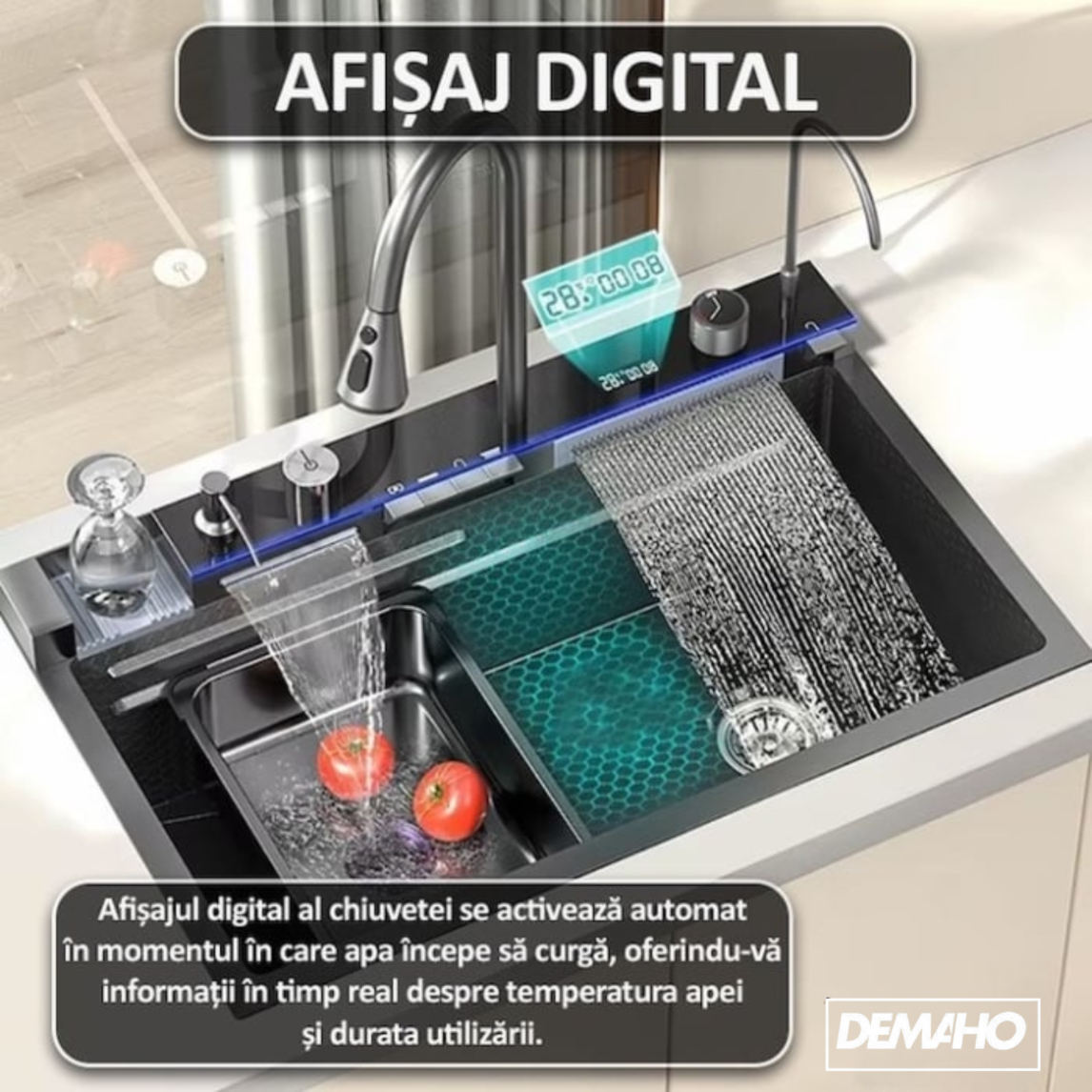 Chiuveta multifunctionala cu 2 cascade cu accesorii incluse, afisaj digital a temperaturii si robinet cascada, culoare negru grafit, dimensiune 750x460mm