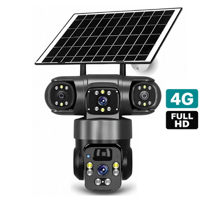 Cameră de Supraveghere Solară 4G cu 3 Lentile și PTZ, IP66 — Baterie 8000mAh