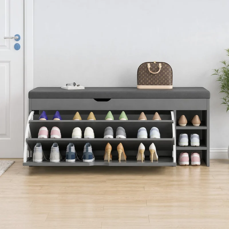 Dulap pentru pantofi tip bancheta Gri, 6 rafturi, 100x34x50 cm