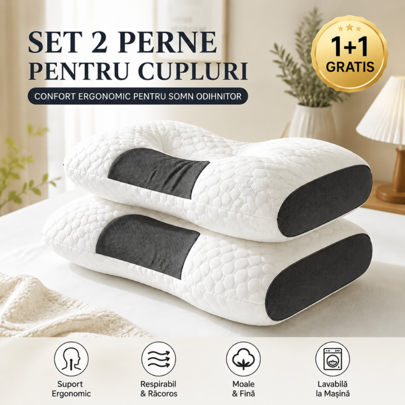 Set 2 Perne Ergonomice pentru Masajul Gâtului, Cuplu – Suport Cervical Reglabil, Husă Detașabilă Lavabilă, 40x65cm – 1+1 GRATIS