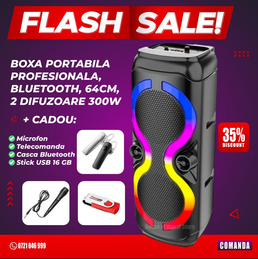 Boxa Portabila Profesionala ZQS 8230, Bluetooth, 64cm, 300W, Radio FM, USB/TF/TWS, Lumina RGB + Cadou Telecomanda, Microfon, Stick, Casca Bluetooth - eSeller.ro - Inovăm pentru confortul tău